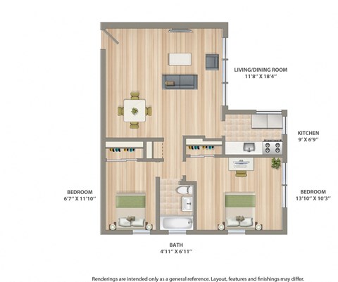 Floor plan for 2 beds, 1 bath, 742 sqft